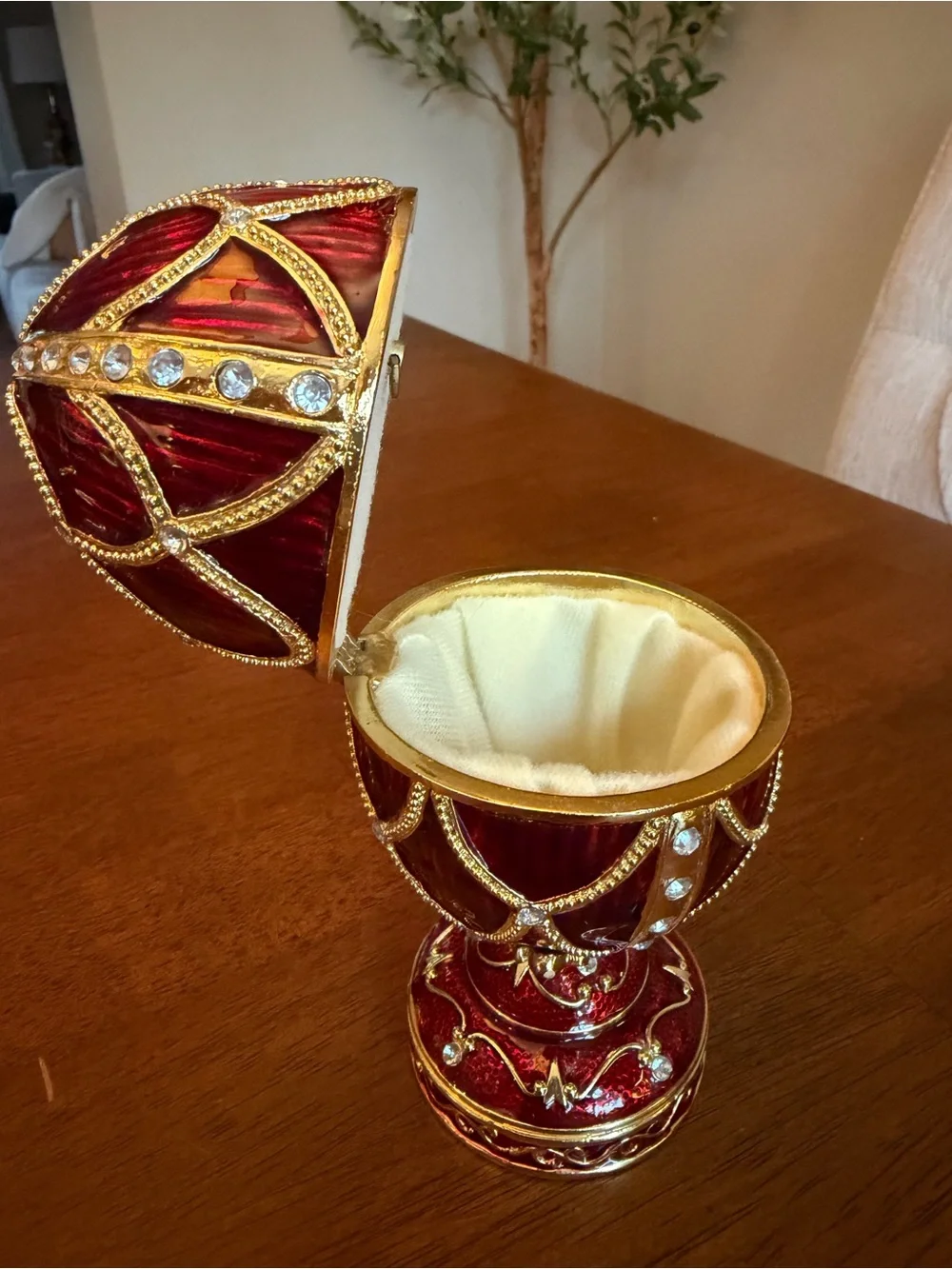 Russian-Styled Red Enamel Fabergé Decorative Egg Trinket Music Box